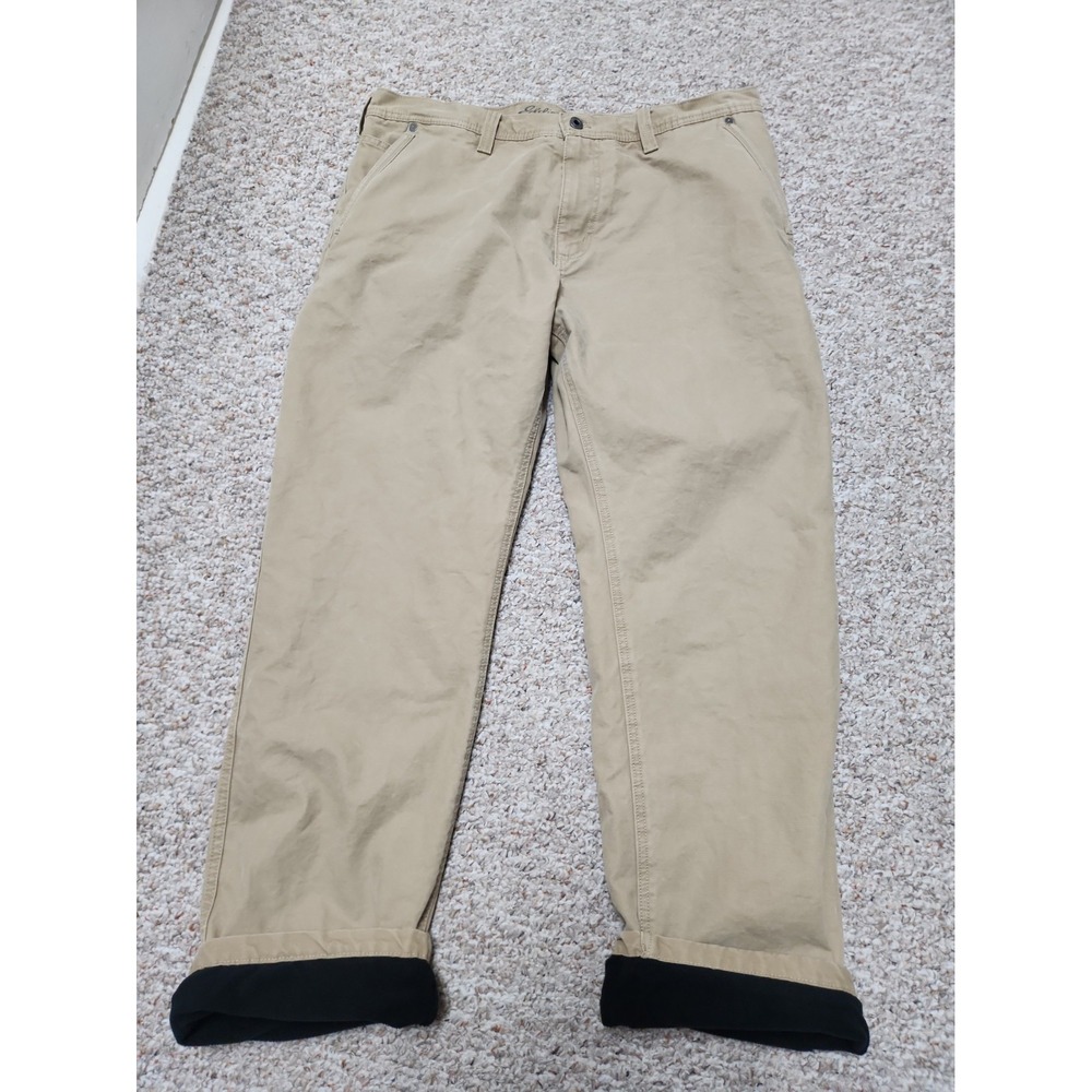 Eddie Bauer Fleece Lined 38 Pants Beige Canvas Straight Leg 36x31 Actual